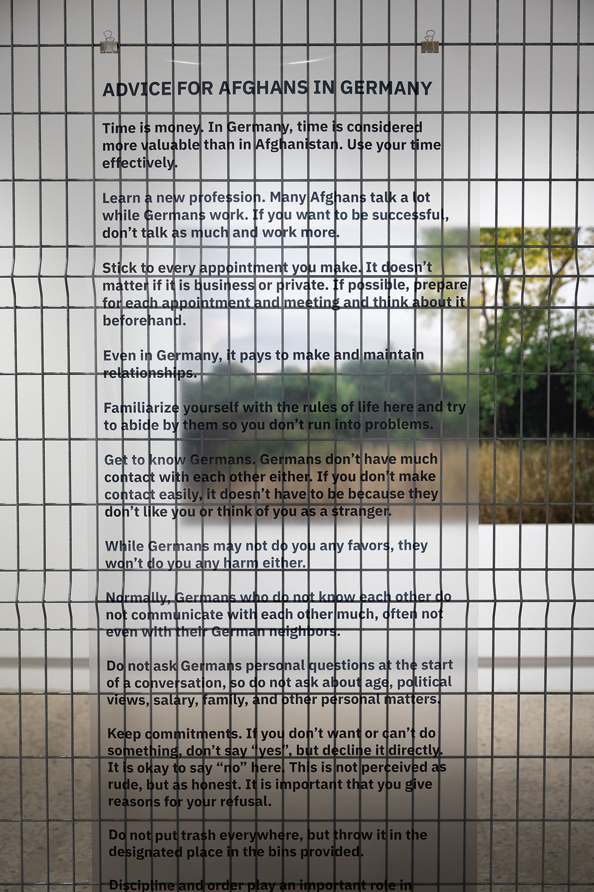 Advice for Afghans (detail)<br>Text on clear film, 228 x 76 cm
