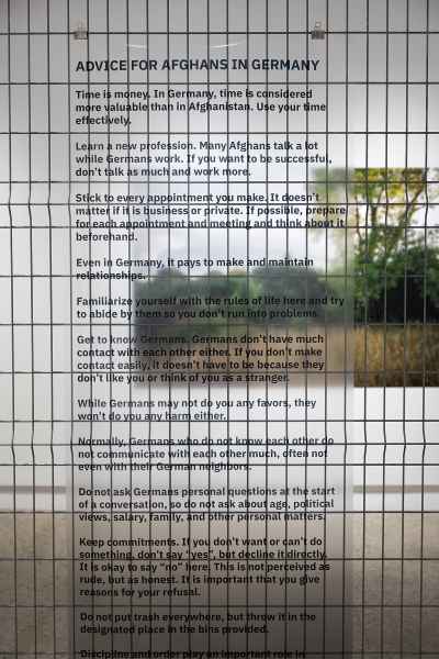 Advice for Afghans (detail)<br>Text on clear film, 228 x 76 cm
